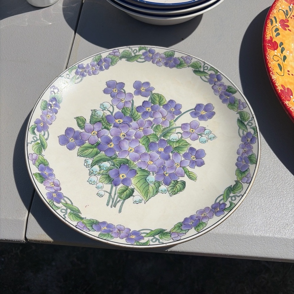 Floral Ceramic Plate with Purple and Green Design